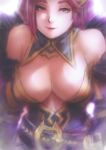  1girl asukan bare_shoulders belt breasts cleavage detached_collar detached_sleeves dress feather_trim fire_emblem fire_emblem_heroes hair_ornament hat large_breasts lips loki_(fire_emblem) long_hair looking_at_viewer mature_female pink_belt plunging_neckline purple_eyes purple_hair simple_background smile solo upper_body 