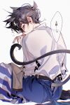  1boy absurdres animal_ears ass_cutout belt black_hair blue_eyes blue_pants cat_boy cat_ears cat_tail clothing_cutout extra_ears from_behind hand_up highres jacket jacket_removed kemonomimi_mode kudou_shin&#039;ichi long_sleeves looking_back male_focus meitantei_conan pants profile school_uniform shirt short_hair simple_background sitting solo speech_bubble striped tail tail_raised tail_through_clothes teitan_high_school_uniform wenyiyuuuuu wet white_background white_shirt wiping_face 