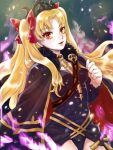  1girl black_cloak black_dress blonde_hair blush bow cloak dress earrings ereshkigal_(fate) fate/grand_order fate_(series) hair_bow highres jewelry long_hair looking_at_viewer meslamtaea_(weapon) misomiso211 parted_lips red_bow red_eyes skull solo tiara two_side_up upper_body 