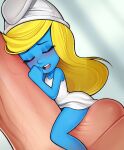  1girl blonde_hair blue_skin blush closed_eyes colored_skin dress highres long_hair loodncrood open_mouth penis phrygian_cap short_dress sitting size_difference smurfette teeth testicles the_smurfs white_dress white_headwear 