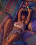  1girl armpits arms_up barefoot black_hair blunt_bangs breasts chel_(the_road_to_el_dorado) collarbone dark-skinned_female dark_skin earrings english_commentary fingernails highres jewelry knee_up krystopher_decker large_breasts light_smile lips loincloth long_hair looking_at_viewer lying midriff navel on_back paid_reward_available parted_lips pillow realistic signature solo stomach strapless the_road_to_el_dorado toenails toes tube_top web_address 