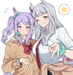  2girls alternate_costume alternate_hairstyle animal_ears blush bow bowtie bracelet breast_pocket breasts candy card closed_mouth clothes_around_waist collared_shirt ear_bow flat_chest flying_sweatdrops food frown gold_ship_(umamusume) grey_hair grin hand_on_another&#039;s_hip hand_on_another&#039;s_shoulder highres holding holding_candy holding_food holding_lollipop horse_ears jewelry large_breasts lollipop long_sleeves mejiro_mcqueen_(umamusume) multiple_girls necktie one_eye_closed pink_eyes pocket purple_eyes purple_hair red_bow red_bowtie red_necktie scrunchie shirt side_ponytail simple_background sleeves_pushed_up smile spoken_star star_(symbol) umamusume unneul upper_body v v-shaped_eyebrows white_background white_shirt wrist_scrunchie 