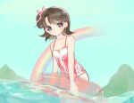 1girl bare_shoulders blue_sky blunt_ends breasts brown_hair cleavage closed_mouth commentary day english_commentary hair_ribbon holding holding_innertube innertube kikkidream light_frown looking_at_viewer mountain one-piece_swimsuit one_side_up original outdoors partially_submerged pink_ribbon purple_eyes rainbow red_one-piece_swimsuit ribbon short_hair sky small_breasts solo swimsuit two-tone_one-piece_swimsuit water white_one-piece_swimsuit 