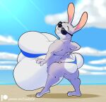  2023 anthro beach belly big_belly big_breasts big_butt bikini bikini_bottom bikini_top breasts butt calorie claws clothing cloud disney ears_up eyewear female hyper hyper_belly judy_hopps lagomorph leporid light looking_at_viewer looking_back mammal morbidly_obese morbidly_obese_anthro morbidly_obese_female obese obese_anthro obese_female outside overweight overweight_anthro overweight_female patreon rabbit rear_view scut_tail seaside short_tail signature smile smiling_at_viewer solo standing sunglasses sunlight swimwear tail teeth toe_claws zootopia 