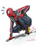  1boy blue_jacket bodysuit chain collared_jacket converse deadpool denim drawing dutch_angle facing_to_the_side flame_print full_body fur_trim highres illustrator in-hyuk_lee instagram_username jacket jeans male_focus marvel microphone open_clothes open_jacket pants pin red_bodysuit shadow signature sketch sleeveless sleeveless_jacket spider-man spider-man:_across_the_spider-verse spider-man_(series) spider-punk spikes squatting thighs toned toned_male 