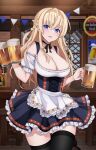  1girl :d alcohol apron bar_(place) beer beer_mug black_thighhighs blonde_hair blue_eyes blush breasts choker cleavage commission cowboy_shot cross-laced_clothes cross-laced_dress cup dirndl frills german_clothes highres holding holding_cup indoors large_breasts long_hair looking_at_viewer mug oktoberfest original ribbon_choker skeb_commission smile solo thighhighs tobio_illust waist_apron 