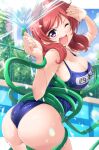  1girl absurdres ass blue_one-piece_swimsuit breasts cleavage commission empty_pool entangled highres holding holding_hose hose kirisaki_reina large_breasts looking_at_viewer looking_back love_live! love_live!_school_idol_project name_tag nishikino_maki one-piece_swimsuit one_eye_closed open_mouth pool purple_eyes red_hair school_swimsuit short_hair skeb_commission solo spraying swimsuit water 