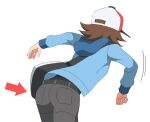  1boy arrow_(symbol) ass belt bent_over blue_jacket brown_hair commentary_request cowboy_shot guranaada hat hilbert_(pokemon) hood hood_down hooded_jacket jacket long_sleeves male_focus motion_lines pants pokemon pokemon_(game) pokemon_bw shirt short_hair simple_background solo throwing white_background white_headwear 