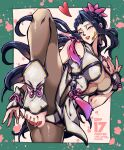  1girl bare_shoulders black_hair breasts chinese_clothes dobok dress earrings flower gloves gumeaw hair_flower hair_ornament jewelry large_breasts leggings lipstick long_hair luong makeup mole mole_under_eye nail_polish pantyhose purple_eyes smile snk solo the_king_of_fighters the_king_of_fighters_xiv toeless_legwear toenail_polish toenails 