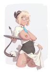  1girl apron apron_lift between_breasts bigrbear blonde_hair blue_necktie body_writing breasts censored cropped_legs dark-skinned_female dark_skin demon_horns demon_tail glasses green_eyes highres horns large_breasts lifted_by_self looking_at_viewer mosaic_censoring necktie necktie_between_breasts nipple_piercing nipple_rings nipples original piercing pointy_ears pussy short_hair shrug_(clothing) solo tail waistcoat 