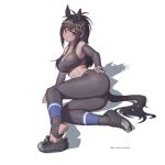  1girl animal_ears arm_support ass bare_shoulders black_hair breasts bridle brown_eyes brown_hair brown_sports_bra brown_thoroughbred_(kemono_friends) cleavage closed_mouth dark-skinned_female dark_skin elbow_gloves extra_ears fingerless_gloves full_body gloves hand_on_own_hip highres horse_ears horse_girl horse_tail japan_racing_association kemono_friends leggings long_hair looking_at_viewer lumian300 lying medium_breasts multicolored_hair on_side parted_bangs shoes solo sports_bra sportswear stomach tail toeless_legwear twintails two-tone_hair 