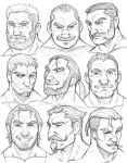  6+boys bara beard cigarette collage cropped_shoulders facial_hair frown greyscale growlygruntz hairy highres how_to large_pectorals male_focus monochrome multiple_boys muscular muscular_male mustache old old_man original pectorals scar scar_across_eye short_hair sketch smile stubble thick_eyebrows undercut wrinkled_skin 