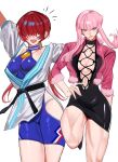  2girls blue_eyes cosplay costume_switch dan_koflove dougi dress hair_over_eyes halter_dress halterneck hand_on_own_hip highres hip_vent manon_legrand martial_arts_belt multiple_girls panty_straps pink_hair red_hair shermie_(kof) short_hair_with_long_locks sidelocks spandex street_fighter street_fighter_6 the_king_of_fighters tight_clothes tight_dress toned white_background 