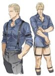  1boy albert_wesker bara black_male_underwear black_pants blonde_hair blue_shirt closed_eyes closed_mouth collared_shirt hands_in_pockets legwear_garter male_focus male_underwear muscular muscular_male pants pectorals resident_evil resident_evil_1 shirt short_hair simple_background sleeves_rolled_up solo suspenders tatsumi_(psmhbpiuczn) underwear white_background 