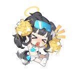  &gt;_&lt; 1girl animal_ears armpits bare_shoulders black_hair blue_archive blush breasts cheering cheerleader crop_top dog_ears dog_girl dog_tail eyewear_on_head full_body goggles goggles_on_head halo heart heart_in_mouth hibiki_(blue_archive) hibiki_(cheer_squad)_(blue_archive) holding holding_pom_poms long_hair midriff millennium_cheerleader_outfit_(blue_archive) myomu navel official_alternate_costume open_mouth pom_pom_(cheerleading) ponytail simple_background skirt solo star_sticker sticker_on_face sweat tail tail_wagging white_background white_skirt yellow_halo 