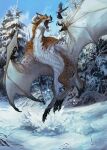  absurd_res ambiguous_gender dragon felid feline feral forest hi_res hybrid lynx mammal membrane_(anatomy) membranous_wings mokina open_mouth plant solo tree wings winter wyvern 
