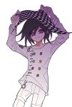  1boy arms_up black_hair buttons checkered_neckerchief collarbone cowboy_shot danganronpa_(series) danganronpa_v3:_killing_harmony double-breasted hair_between_eyes highres jacket long_sleeves looking_at_viewer male_focus medium_hair neckerchief oma_kokichi pants purple_eyes purple_hair simple_background smile solo unworn_neckerchief white_background white_jacket white_pants xia_nu_xiao_fang 