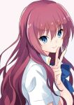 1girl a-chan_senpai asami_yuriko blue_eyes blue_ribbon closed_mouth commentary_request eyelashes eyes_visible_through_hair from_side hair_between_eyes hand_up little_busters! long_hair looking_at_viewer red_hair ribbon shirt short_sleeves simple_background smile solo upper_body v very_long_hair wavy_hair white_background white_shirt 