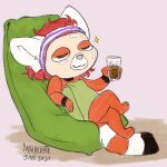  2021 ailurid anthro arm_markings beverage biped black_markings chibi clothed clothing dipstick_tail eyes_closed face_mask female green_towel hair holding_beverage holding_object malachyte mammal markings mask pink_nose reclining red_body red_hair red_panda ring_(marking) ringtail short_hair simple_background smile solo sparkles tail tail_markings towel towel_only towel_wrap white_markings wrist_markings 