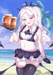  1girl ahoge alcohol alternate_costume ascot beach beer beer_mug black_gloves blue_archive blue_sky blurry commentary_request cup depth_of_field detached_collar frilled_skirt frills gloves hair_ornament hairclip halo highres hina_(blue_archive) holding holding_tray horizon long_hair looking_at_viewer mug navel ocean outdoors ponytail purple_eyes revision scrunchie sidelocks skirt sky sleeveless solo stomach sumikoto tray waitress white_hair wrist_scrunchie 