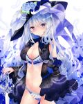  1girl bare_shoulders black_headwear blue_bra blue_eyes blue_flower blue_hair blue_panties blue_rose blurry blurry_background blush bra breasts cleavage closed_mouth commentary_request depth_of_field feathers flower hair_between_eyes hand_on_hilt hat hat_flower highres long_hair looking_at_viewer medium_breasts nanase_nao navel original panties rose solo sword underwear very_long_hair weapon white_feathers 
