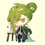  1boy andrian11011 ascot black_ascot black_pants book chibi closed_mouth coat collared_shirt folded_ponytail green_coat green_hair highres holding holding_book library_of_ruina long_hair long_sleeves looking_at_viewer male_focus netzach_(project_moon) pants project_moon shirt shoes solo undone_ascot very_long_hair white_footwear white_shirt yellow_eyes 