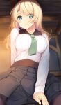  1girl black_skirt blonde_hair blue_eyes blush breasts closed_mouth collarbone collared_shirt commentary_request green_necktie highres komone_ushio large_breasts long_hair long_sleeves necktie original paid_reward_available shirt skirt solo white_shirt 