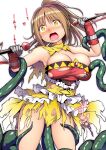  1girl ? ?? absurdres bare_shoulders blush breasts brown_hair capelet drooling dual_wielding gauntlets highres holding holding_weapon implied_sex kuromayu long_hair mouth_drool open_mouth original ponytail simple_background tears tentacle_sex tentacles tentacles_under_clothes torn_clothes weapon white_background yellow_capelet yellow_eyes 