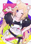  1girl absurdres aki_rosenthal aki_rosenthal_(6th_costume) animal_ears blonde_hair cat_ears hand_on_own_hip highres hololive kitazume_kumie long_hair one_eye_closed paint_on_clothes pink_nails purple_eyes smile tongue tongue_out v_over_eye virtual_youtuber wristband 