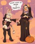  almond_(waspsalad) angry anthro bodysuit boots braided_hair braided_ponytail breasts cleavage clothed clothing cross deer dress duo female footwear gesture hair halloween_costume hand_on_hip hi_res holding_object jack-o&#039;-lantern lagomorph legwear leporid long_dress mammal nun nun_habit nun_outfit outside pointing pointing_at_another ponytail rabbit skinsuit surprised_expression thigh_boots thigh_highs tight_clothing torpor_(waspsalad) waspsalad 