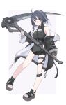  1girl absurdres ahoge arknights bare_shoulders black_eyes black_hair breasts fingerless_gloves full_body gloves hair_ornament hairclip highres holding holding_scythe holding_weapon jacket la_pluma_(arknights) off_shoulder onigiri_noe sandals scythe shorts single_glove solo weapon 