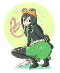  &lt;3 amphibian amphibian_humanoid animal_humanoid asui_tsuyu bangs black_eyes black_hair bodysuit breasts cheek_spots clothed clothing crouching diaper diaper_under_clothing eyewear eyewear_on_head female frog_humanoid fully_clothed gloves goggles goggles_on_head green_clothing hair hair_loop handwear hi_res humanoid long_hair long_tongue looking_at_viewer looking_back my_hero_academia onomatopoeia pieceofsoap shadow simple_background skinsuit smile solo sound_effects text tight_clothing tippy_toes tongue tongue_out 