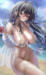  1girl absurdres azuma_(sospower73) azur_lane beach bikini black_hair blue_sky blurry blurry_background breasts cup drinking_glass floating_hair highres large_breasts long_hair navel ocean off_shoulder parted_lips red_eyes shirt sky stomach swimsuit taihou_(azur_lane) taihou_(seaside_daydreams)_(azur_lane) very_long_hair white_shirt wine_glass 