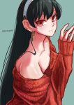  1girl aosora2823 black_hair blush breasts cleavage collarbone earrings hairband highres jewelry long_hair long_sleeves looking_at_viewer looking_to_the_side off-shoulder_sweater off_shoulder red_eyes red_sweater solo spy_x_family straight_hair sweater twintails upper_body very_long_hair white_hairband yor_briar 