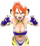  1girl animal_ears armor bikini bikini_armor black_nails body_fur breasts breath_of_fire breath_of_fire_ii cat_ears cat_girl claw_pose cleavage commentary conto facial_mark fangs fingerless_gloves fingernails gem gloves gold_choker green_eyes hair_between_eyes medium_breasts midriff navel open_mouth orange_hair purple_bikini purple_gloves rinpoo_chuan sharp_fingernails short_hair slit_pupils solo swimsuit symbol-only_commentary teeth whisker_markings white_background yellow_fur 