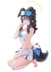  1girl absurdres animal_ears bare_arms bare_legs bare_shoulders barefoot blue_archive blush cheerleader dog_ears dog_girl dog_tail eyewear_on_head goggles goggles_on_head halo hibiki_(blue_archive) hibiki_(cheer_squad)_(blue_archive) highres kneeling millennium_cheerleader_outfit_(blue_archive) official_alternate_costume open_mouth simple_background skirt star_sticker sticker_on_arm sticker_on_face tail text_print white_background white_skirt yellow_halo yu_yu_ren_sanjin 