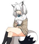  1girl ahoge alternate_costume animal_ear_fluff animal_ears blue_eyes blue_skirt braid brown_cardigan cardigan crossed_legs dot_nose extra_ears fox_ears fox_girl fox_tail hair_over_one_eye highres hololive hololive_gamers kneehighs okunin open_cardigan open_clothes open_mouth pentagram pleated_skirt school_uniform shirakami_fubuki shirt short_hair side_braid single_braid skirt smile socks tail virtual_youtuber white_hair white_shirt winter_uniform 