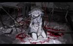  1girl eyeball hen10 heterochromia highres horror_(theme) letterboxed long_sleeves looking_at_viewer original sitting solo tile_floor tiles 