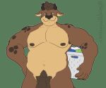 anthro bovid bovine brown_body brown_fur brown_hair cattle chester_(extracurricular_activities) extracurricular_activities fur genitals hair hi_res horn looking_at_viewer male mammal muscular nipples nude penis simple_background sleepypandaburr solo 
