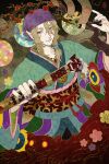  1boy bakeneko bandana blonde_hair blue_eyes driftwoodwolf facepaint flower japanese_clothes kimono kusuriuri_(mononoke) looking_at_viewer male_focus mononoke nail_polish obi ofuda sash scabbard sheath traditional_youkai tree 