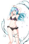  1girl ;d aqua_hair arm_strap arm_up armpits ass_visible_through_thighs bare_shoulders bikini bikini_skirt black_bikini blue_eyes bottle breasts cleavage closers collarbone feet_out_of_frame flower frilled_bikini frills hair_flower hair_ornament halterneck hand_up highres holding holding_bottle long_hair looking_at_viewer medium_breasts nail_polish navel non-web_source official_art one_eye_closed open_mouth smile solo stomach string_bikini swimsuit thigh_strap thighs violet_(closers) water wet 