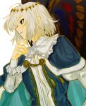  1boy ahoge blue_cape blue_eyes blue_vest butterfly_wings cape circlet commentary_request fate/grand_order fate_(series) finger_to_own_chin frilled_sleeves frills fur-trimmed_cape fur_trim gold_trim grin half-closed_eyes highres juliet_sleeves long_sleeves looking_to_the_side male_focus medium_hair oberon_(fate) oberon_(first_ascension)_(fate) profile puffy_sleeves shirt simple_background smile solo syakegaumai upper_body vest white_background white_hair white_shirt wings 