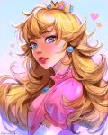  1girl artist_name blonde_hair blue_eyes crown dress earrings elbow_gloves expressionless from_side gloves heart highres jewelry long_hair looking_ahead lotus_bubble mario_(series) parted_lips pink_dress princess_peach puffy_short_sleeves puffy_sleeves red_lips short_sleeves solo sparkle star_(symbol) white_background white_gloves 