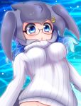  1girl black-framed_eyewear blue_eyes blue_hair blue_whale_(kemono_friends) breasts glasses grey_hair highres hikarikmy kemono_friends large_breasts looking_at_viewer multicolored_hair parted_lips ribbed_sweater short_hair solo sweater triangle_mouth twitter_username white_sweater 