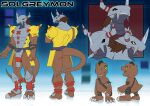  agumon anthro arm_belt armor bag bandai_namco brown_body concept digimon digimon_(species) facial_expression full-length_portrait headshot_portrait hi_res male model_sheet paws portrait pubes samaraka solgreymon solo tail tongue tongue_out wargreymon 