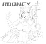  1girl absurdres belt breasts character_name clenched_hand flower greyscale headgear highres kantai_collection kukurus large_breasts looking_at_viewer medium_hair monochrome neck_flower open_mouth rigging rodney_(kancolle) rose simple_background solo turret 