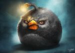  2010 angry angry_birds artist_name avian beak bird black_body black_feathers bodily_fluids bomb_(angry_birds) crying feathers feral frown frown_eyebrows half-closed_eyes narrowed_eyes orange_beak realistic sam_spratt signature simple_background teal_background tears 