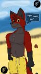  beach canid canine charcter:red(red_espyed) clothed clothing coconut dialogue drupe_(fruit) food fox fruit fur grey_body grey_fur hi_res invalid_background looking_at_viewer male mammal musclegut plant red_body red_espyed red_fur seaside smile solo swimming_trunks swimwear topless topless_male yellow_eyes 