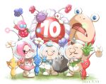  1girl 2boys absurdres alph_(pikmin) anniversary aogaeru_(pixiv46613656) arm_up arms_up badge big_nose black_eyes black_skin blue_eyes blue_gloves blue_hair blue_light blue_pikmin blue_skin brittany_(pikmin) brown_hair bulborb charlie_(pikmin) closed_mouth colored_skin commentary_request dated eyelashes facial_hair fangs flower flying food freckles frown fruit gauge glasses gloves grass green_gloves green_light hand_on_own_hip hand_up helmet highres holding holding_food holding_fruit insect_wings looking_at_viewer looking_back miniskirt mohawk multiple_boys mustache no_mouth nostrils one_eye_closed open_mouth outstretched_arm oversized_object parted_lips pellet_posey pikmin_(creature) pikmin_(series) pikmin_3 pink_flower pink_gloves pink_hair pink_light pink_skin pink_skirt plump pointy_ears pointy_nose purple_flower purple_hair purple_pikmin purple_skin radio_antenna raspberry red-framed_eyewear red_eyes red_pikmin red_skin rock rock_pikmin short_hair skirt smile solid_circle_eyes solid_oval_eyes space_helmet spacesuit star_(symbol) tongue triangle_mouth triangular_eyewear very_short_hair waving whistle white_background white_flower white_pikmin white_skin winged_pikmin wings yellow_pikmin yellow_skin 