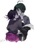  ahoge black_hair blush checkered_wristband choker danganronpa_(series) danganronpa_v3:_killing_harmony ear_blush facing_another fishnet_top fishnets hair_between_eyes highres jacket looking_at_another male_focus nervous_sweating off_shoulder oma_kokichi open_clothes open_jacket purple_eyes purple_hair saihara_shuichi shirt short_hair sidelighting smile sweat t-shirt wavy_hair white_background white_choker yaoi yellow_eyes 